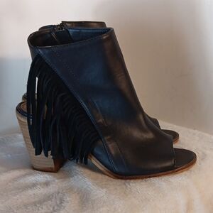 Very Volatile Black Fringe Peep-Toe Heels